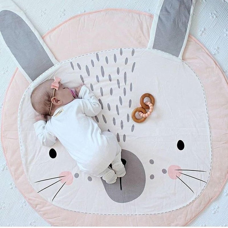 ABREEZE Animal Nursery Rug Tummy Time Blanket Playroom Area Rug Nursery Rug Cartoon Rabbit Baby Play Mat Round Crawling Blanket Carpet Cartoon Rabbit Design Home Room Decor 35X37 inches,Pink - Image 1