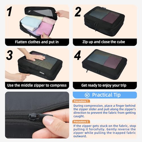 BAGAIL 4 Set/6 Set/8 Set Compression Packing Cubes Travel Accessories Expandable Packing Organizers (Square Mesh, 06-Black) - Image 4