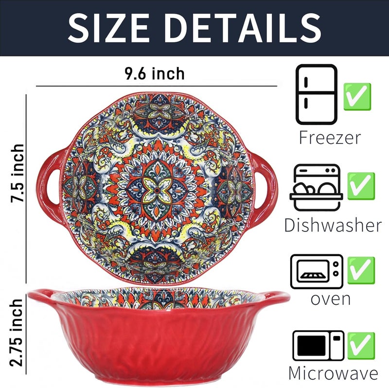 Ronanemon 2Pack Bohemia Large Bowls with Handle, 40 oz Ceramic Soup Bowl for Salad, Pasta, Cereal,Fruit, Udon, Microwave & Dishwasher Safe (Orange red) - Image 2