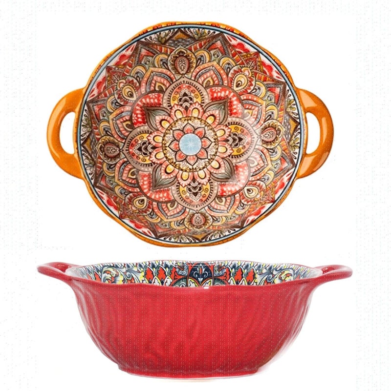 Ronanemon 2Pack Bohemia Large Bowls with Handle, 40 oz Ceramic Soup Bowl for Salad, Pasta, Cereal,Fruit, Udon, Microwave & Dishwasher Safe (Orange red) - Image 1