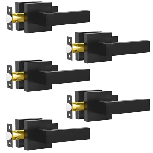 RAZCC Passage Door Lever, 5 Pack Matte Black Interior Door Handles for Hallway and Closet, Heavy Duty Square Interior Keyless Door Handles Non-Locking Door Knobs for Right & Left Side Door - Image 1