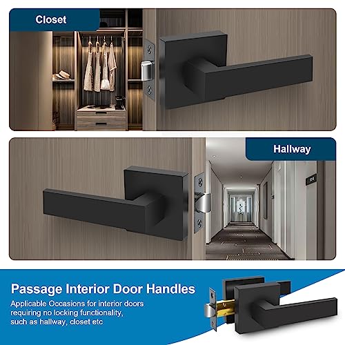 RAZCC Passage Door Lever, 5 Pack Matte Black Interior Door Handles for Hallway and Closet, Heavy Duty Square Interior Keyless Door Handles Non-Locking Door Knobs for Right & Left Side Door - Image 3