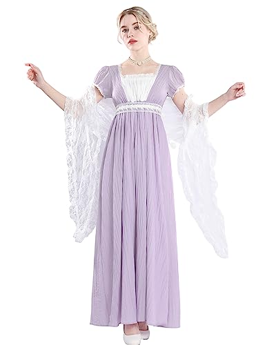 FCCAM FCCAM FCCAM Regency Dresses for Women Empire Waist Dress Gown with Shawl Lace Regency Era Dress Shallow Purple XXL - Image 2