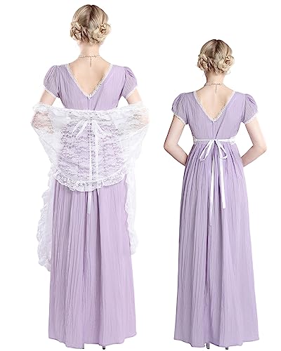 FCCAM FCCAM FCCAM Regency Dresses for Women Empire Waist Dress Gown with Shawl Lace Regency Era Dress Shallow Purple XXL - Image 3