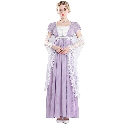 FCCAM FCCAM FCCAM Regency Dresses for Women Empire Waist Dress Gown with Shawl Lace Regency Era Dress Shallow Purple XXL - Image 1