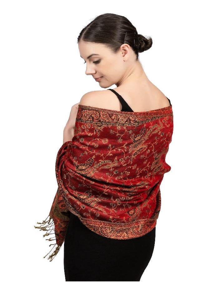 Achillea - Achillea Soft Silky Reversible Paisley Pashmina Shawl Wrap Scarf w/Fringes (Red) - Image 1