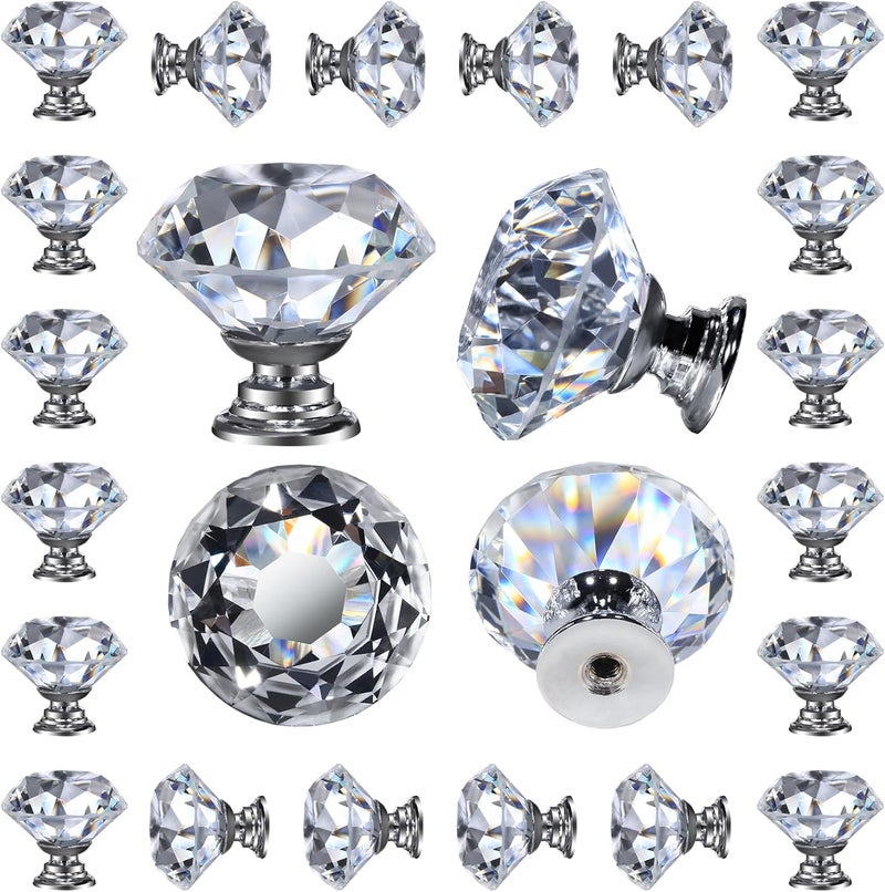 DeELF Outlet DEELF 24 Packs Kitchen Cabinet Knobs, 40 mm Crystal Cabinet Knobs, Diamond Dresser Handle Drawer Pulls, Dresser Knobs for Cabinets and Drawers, Silver Base - Image 1