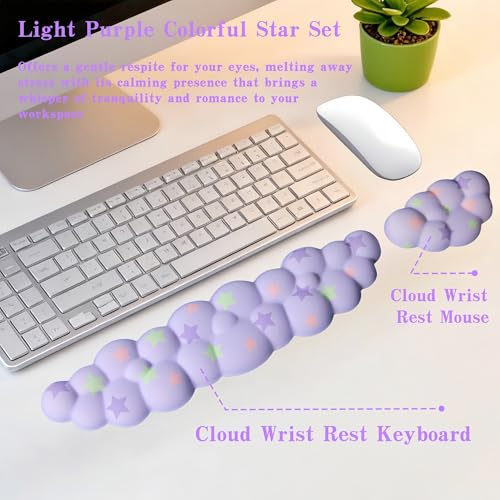 LJYZMD Cloud Wrist Rest Set for Keyboard and Mouse, Includes Cute Coaster, with Computers and Laptops (Light Purple Colorful Star Set) - Image 3