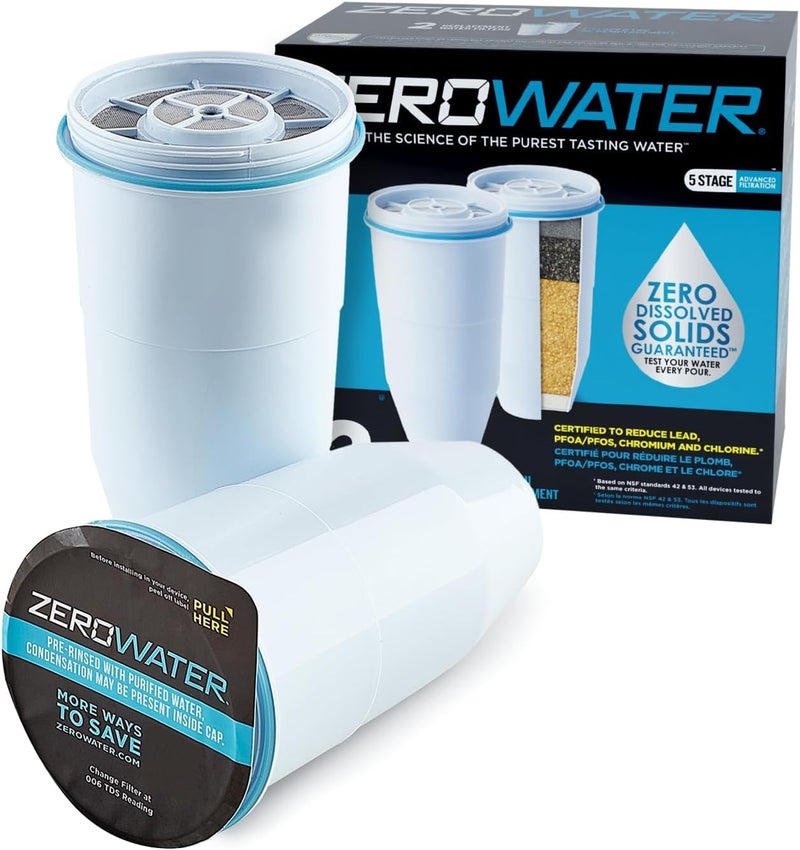 ZeroWater Replacement Water Filter Cartridges | 5 Stage Filtration System Reduces Fluoride, Chlorine, Lead and Chromium, 2 x Filter - Image 1