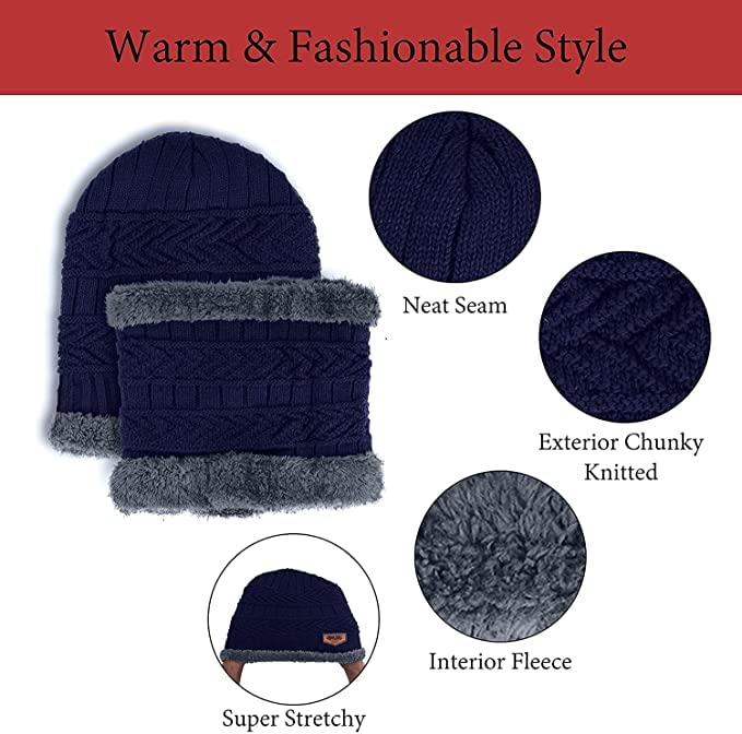 Creature Winter Knit Beanie Cap Hat Neck Warmer Scarf and Woolen Gloves Set for Men & Women (3 Piece) (BLUE) - Image 4