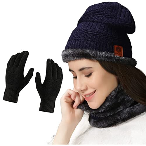 Creature Winter Knit Beanie Cap Hat Neck Warmer Scarf and Woolen Gloves Set for Men & Women (3 Piece) (BLUE) - Image 2