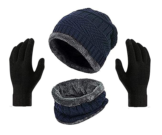 Creature Winter Knit Beanie Cap Hat Neck Warmer Scarf and Woolen Gloves Set for Men & Women (3 Piece) (BLUE) - Image 1