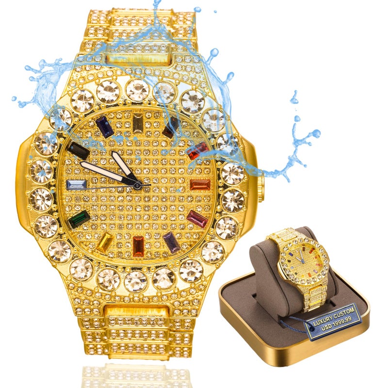Halukakah Moissanite Diamond Gold Watch for Men 18k Real Gold Plated Basic Waterproof Extra Big Diamonds Set Dial with Multicolour Square GemsIced Out95 Wristband Giftbox Included - Image 2