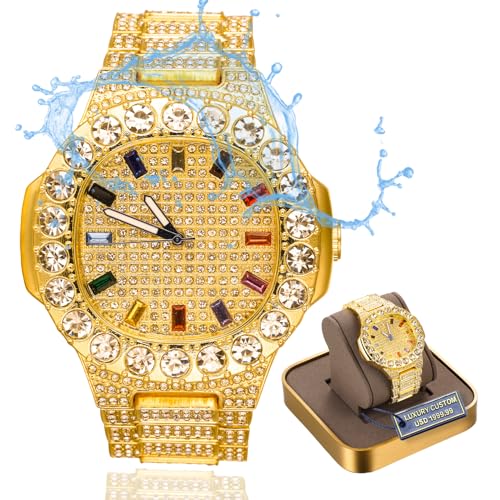 Halukakah Moissanite Diamond Gold Watch for Men 18k Real Gold Plated Basic Waterproof Extra Big Diamonds Set Dial with Multicolour Square GemsIced Out95 Wristband Giftbox Included - Image 1