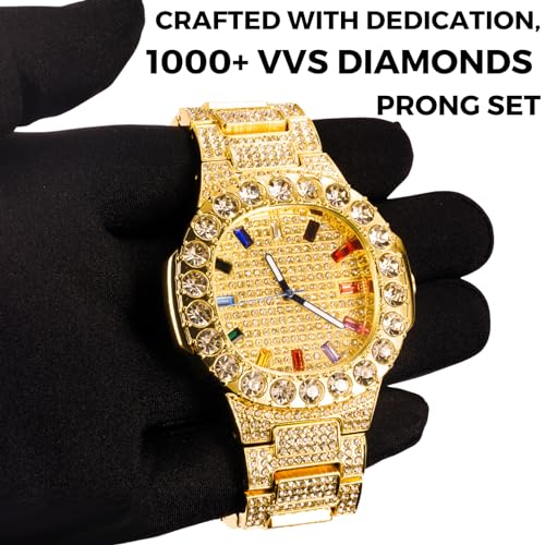 Halukakah Moissanite Diamond Gold Watch for Men 18k Real Gold Plated Basic Waterproof Extra Big Diamonds Set Dial with Multicolour Square GemsIced Out95 Wristband Giftbox Included - Image 3