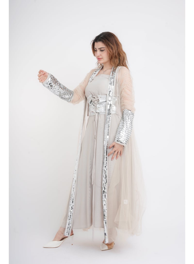 IKKXA Silver Glamour Sheer Sleeve Jalabiya - Image 3