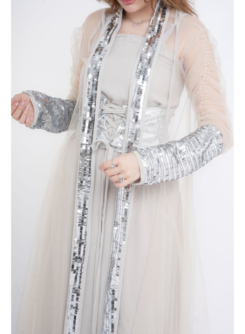 IKKXA Silver Glamour Sheer Sleeve Jalabiya - Image 4