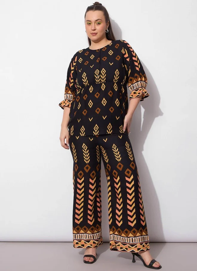 ساسافراس Geometric Printed Peplum Top And Trousers Co-Ords For Women