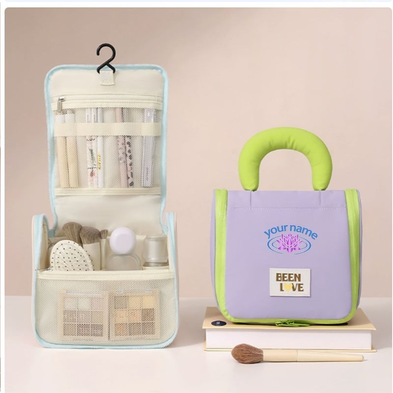 Personalized Name Purple Hook Toiletry Bag Travel Cosmetic Organizer Makeup Pouch for Business Trips - Image 1
