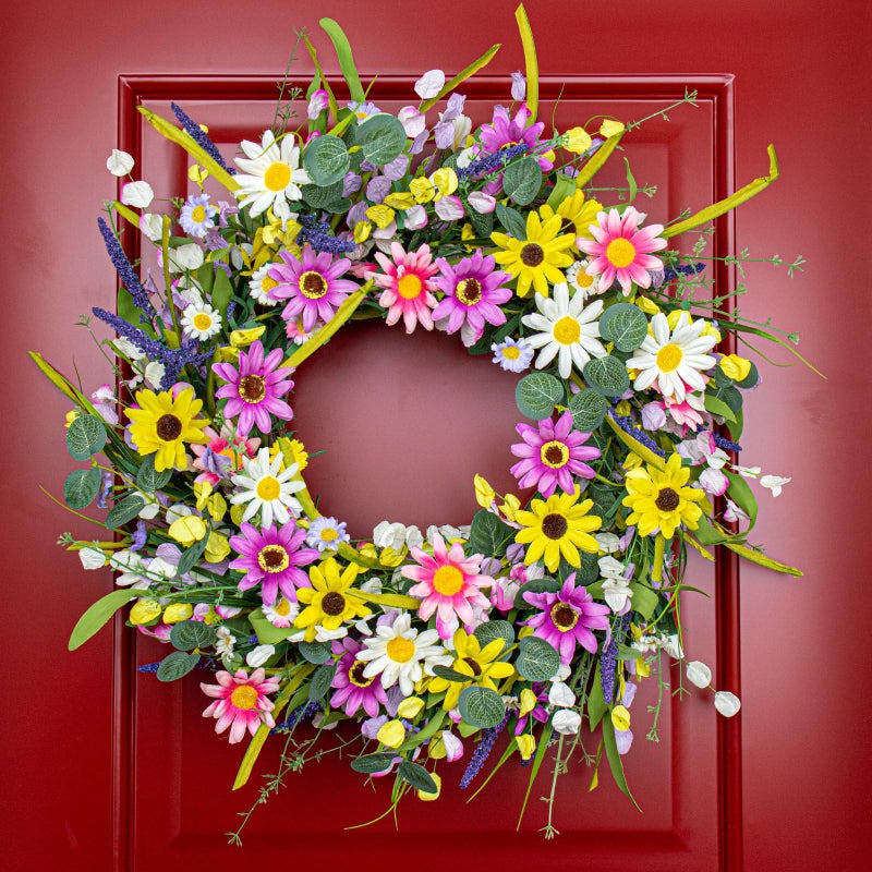 Yawwind 22 Inches Spring Wreaths for Front Door Spring Flower Wreaths Summer Door Wreath Colorful Wildflower Wreath with Daisy Lavender for Window Indoors Outdoor Decor - Image 3