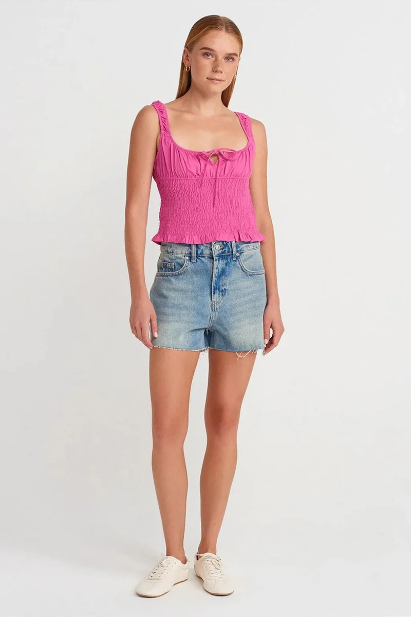Dilvin Bright Pink DILVIN Fitted Crop Sleeveless Tie-Front Blouse for Women | Best Price UAE
