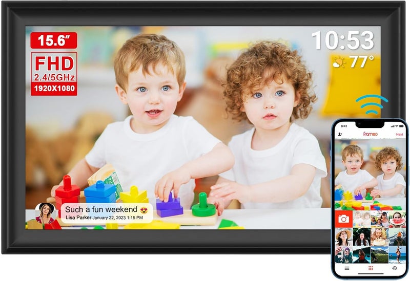 إطار صور رقمي FRAMEO 64 جيجابايت 15.6 بوصة مع شاشة لمس IPS LCD FHD بدقة 1920x1080، واي فاي مزدوج لمشاركة الصور ومقاطع الفيديو عبر تطبيق Frameo، دعم محرك أقراص USB/بطاقة SD لتوسيع التخزين، مستشعر حركة، تدوير تلقائي - Image 1