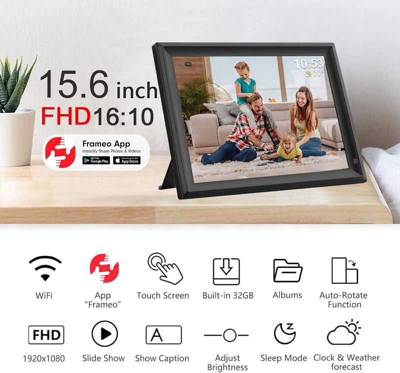 إطار صور رقمي FRAMEO 64 جيجابايت 15.6 بوصة مع شاشة لمس IPS LCD FHD بدقة 1920x1080، واي فاي مزدوج لمشاركة الصور ومقاطع الفيديو عبر تطبيق Frameo، دعم محرك أقراص USB/بطاقة SD لتوسيع التخزين، مستشعر حركة، تدوير تلقائي - Image 2