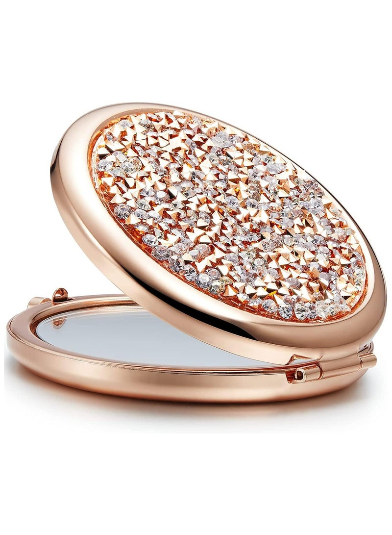 أوزيغالور مرآة مدمجة صغيرة مكبرة ماسية 1X/2X، مرآة مكياج محمولة قابلة للطي للسفر، المنزل، المكتب - ذهبي وردي - Image 1