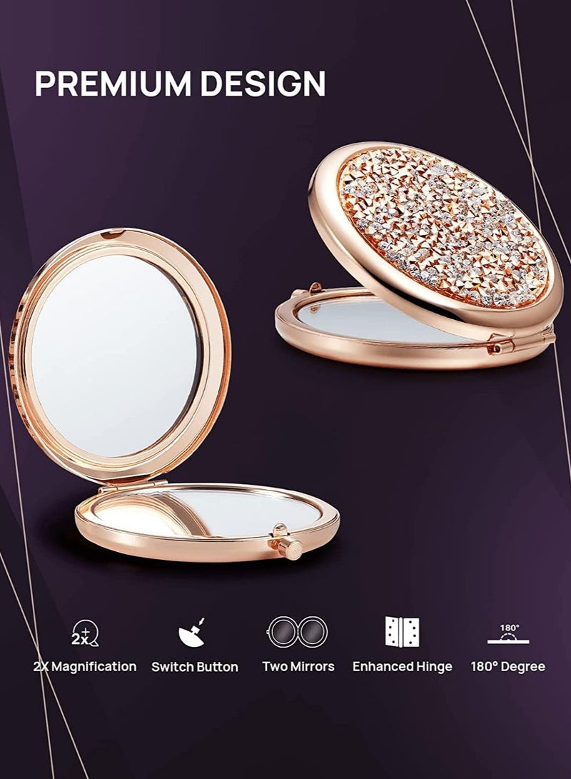 Oasisgalore Mini Diamond 1X/2X Magnifying Compact Mirror, Portable Folding Makeup Mirror for Travel, Home, Office - Rose Gold  - Image 4