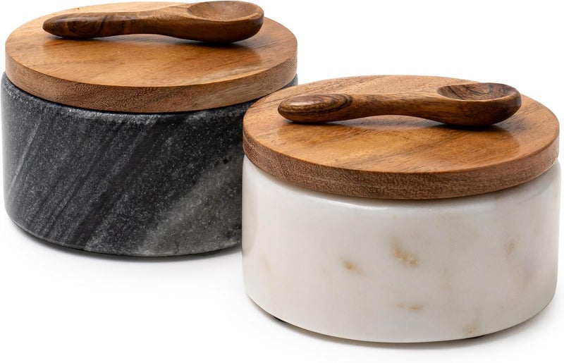 Cork & Mill Marble Salt and Pepper Bowls - Set of 2 Handcrafted White/Grey Solid Marble Salt and Pepper Cellars with Lids and Spoons - Elegant Containers for Countertop or Table - Image 1