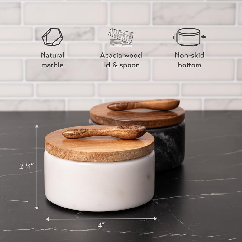 Cork & Mill Marble Salt and Pepper Bowls - Set of 2 Handcrafted White/Grey Solid Marble Salt and Pepper Cellars with Lids and Spoons - Elegant Containers for Countertop or Table - Image 3