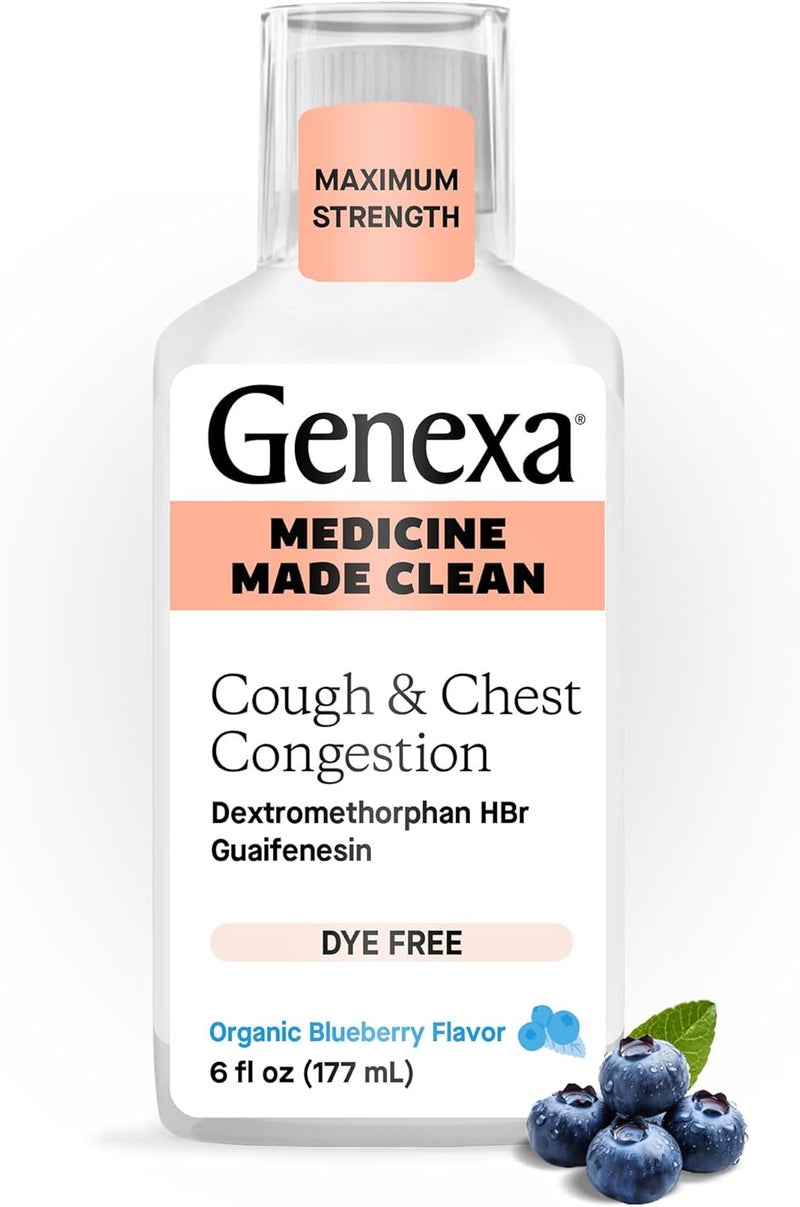 Genexa Clean Cough Chest Congestion Relief Dye Free 0 Artificial Additives MultiSymptom Maximum Strength Relief Cough Syrup Cough Suppressant Expectorant Organic Blueberry Flavor 6 fl oz - Image 1