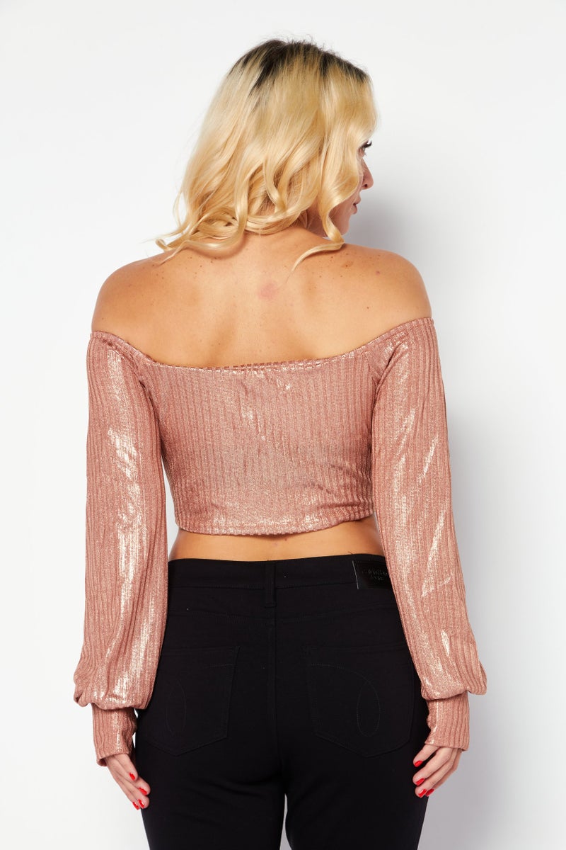 Endless Blu Women Off Shoulder Neck Long Sleeve Textured Crop Top, Bronze - Image 4