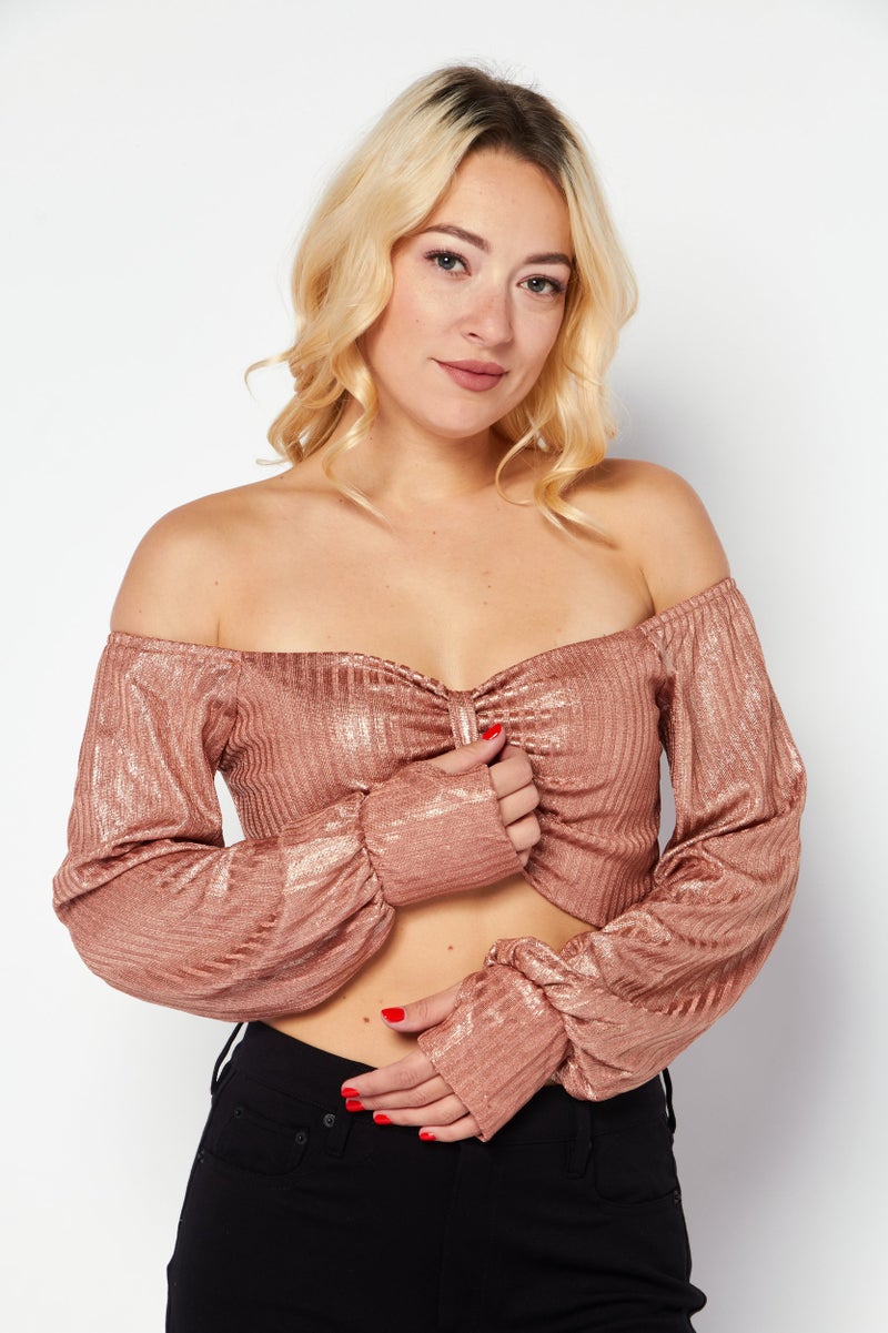 Endless Blu Women Off Shoulder Neck Long Sleeve Textured Crop Top, Bronze - Image 1