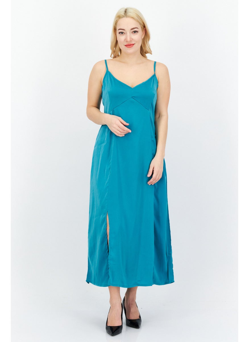 French Connection Women Plain Satin Maxi Casual Dress, Teal Blue  - Image 1