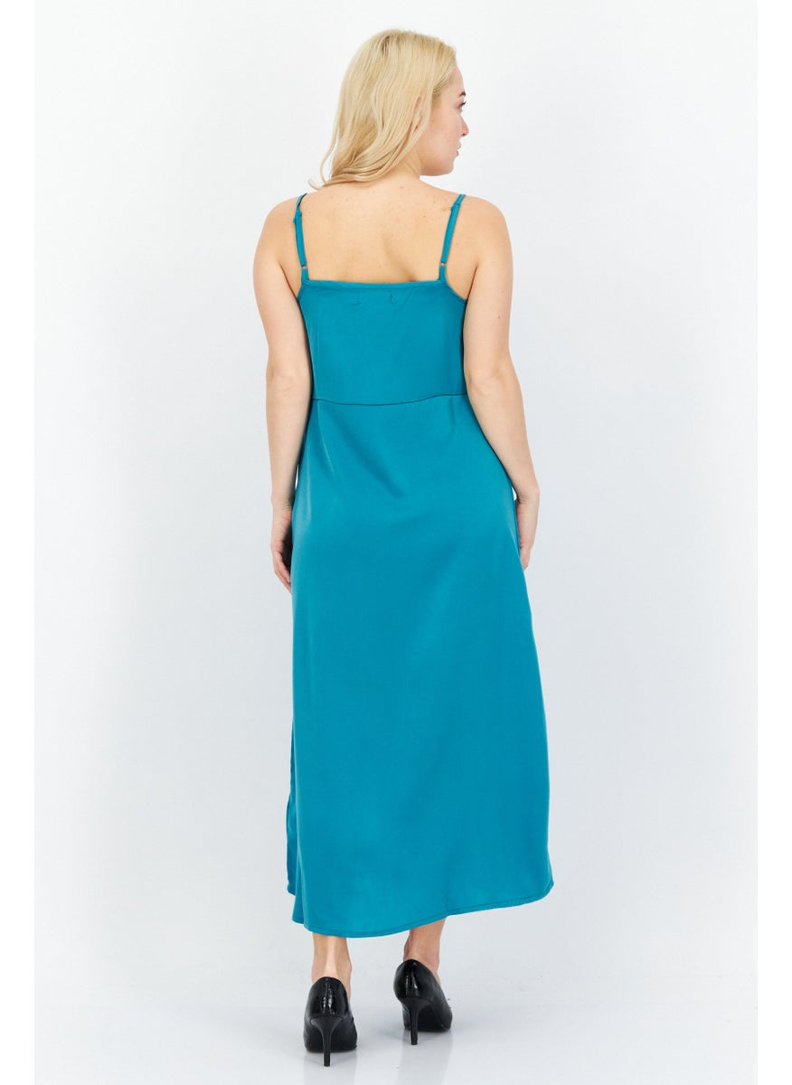 French Connection Women Plain Satin Maxi Casual Dress, Teal Blue  - Image 4