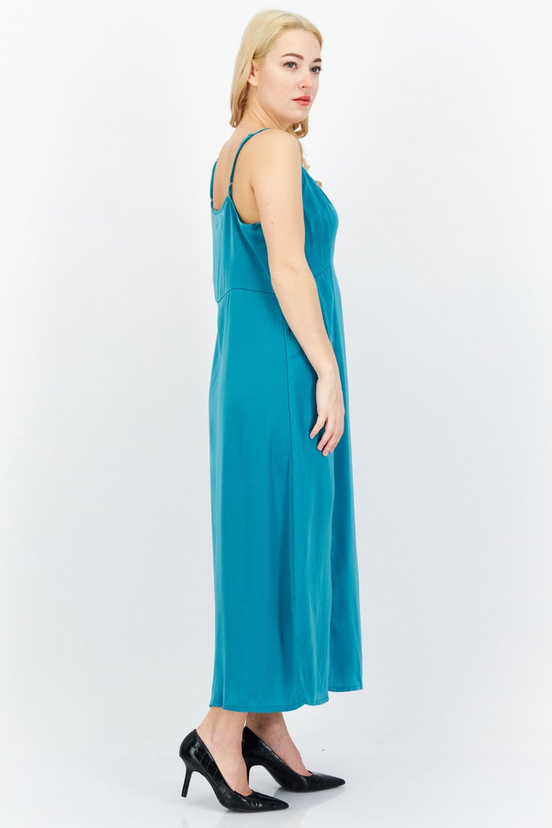 French Connection Women Plain Satin Maxi Casual Dress, Teal Blue - Image 2