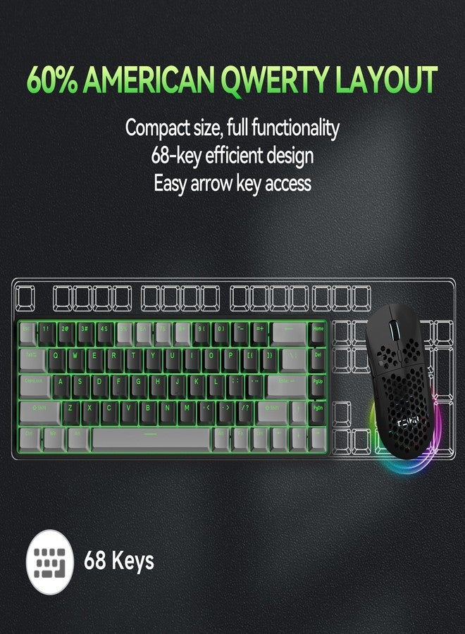 TMKB Technology Mechanical KeyBoard TMKB T68 60% Wireless Mechanical Gaming Keyboard, Tri-Mode BT5.0/2.4GHz/USB-C with Red Linear Switch, RGB Backlight, Anti-Ghosting, Compact 68 Keys, Wired/Wireless, Gray/Black - Image 5