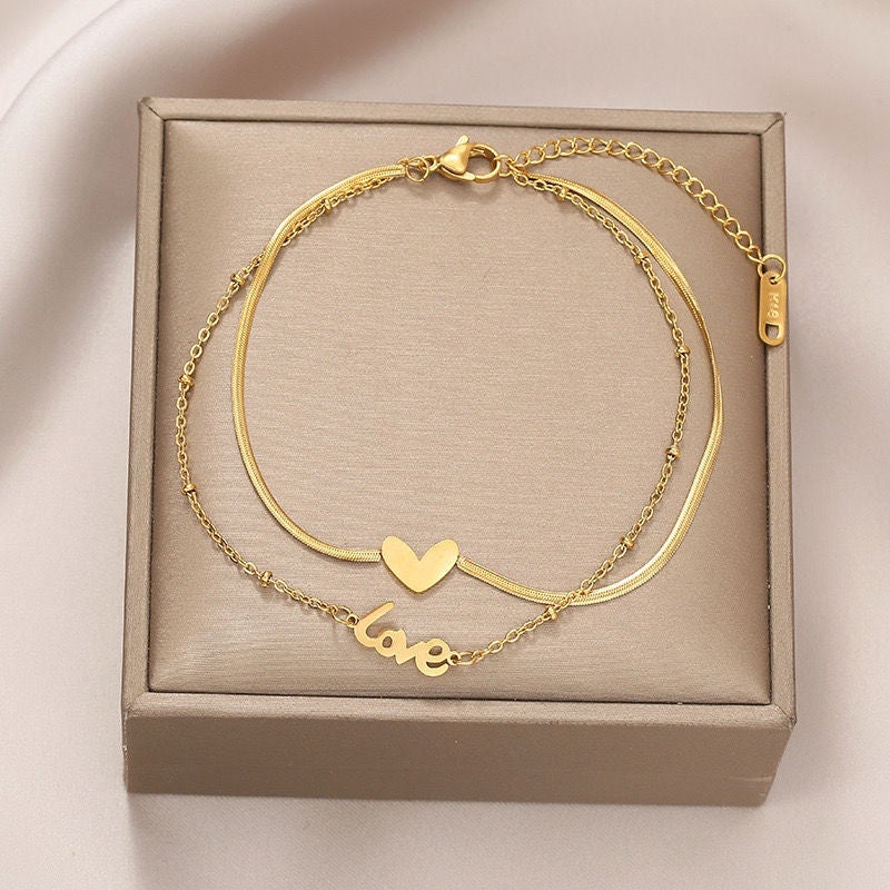 New Double-layer Love Plated 18K Gold Anklet Womens ins Cold Style Mori Simple Internet Celebrity Fashionable Anklet W57 double Love anklet-Gold 