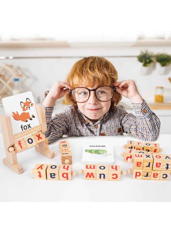 كيلا مكعبات قراءة خشبية، قضبان حروف العلة القصيرة، ألعاب تهجئة، بطاقات تعليمية، أحجية حروف دوارة للأطفال، كلمات موقع مونتيسوري، لعبة تعليمية أبجدية دوارة لمرحلة ما قبل المدرسة للأولاد والبنات - Image 1