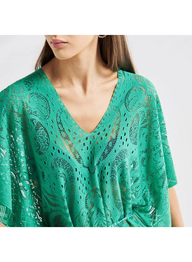 Splash FAV Textured Kaftan Cover Up with V-neck and Tie-Up Belt