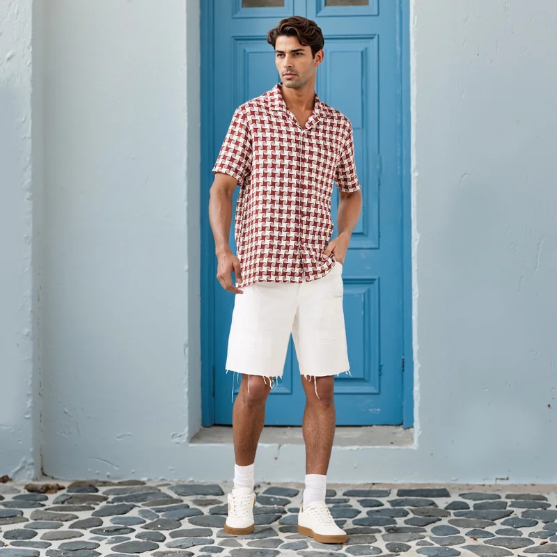 Lee Cooper Lee Cooper Regular Fit Printed Shirt with Camp Collar and Short Sleeves