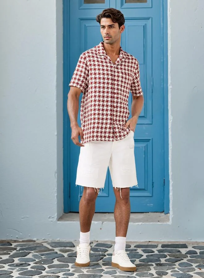 Lee Cooper Lee Cooper Regular Fit Printed Shirt with Camp Collar and Short Sleeves