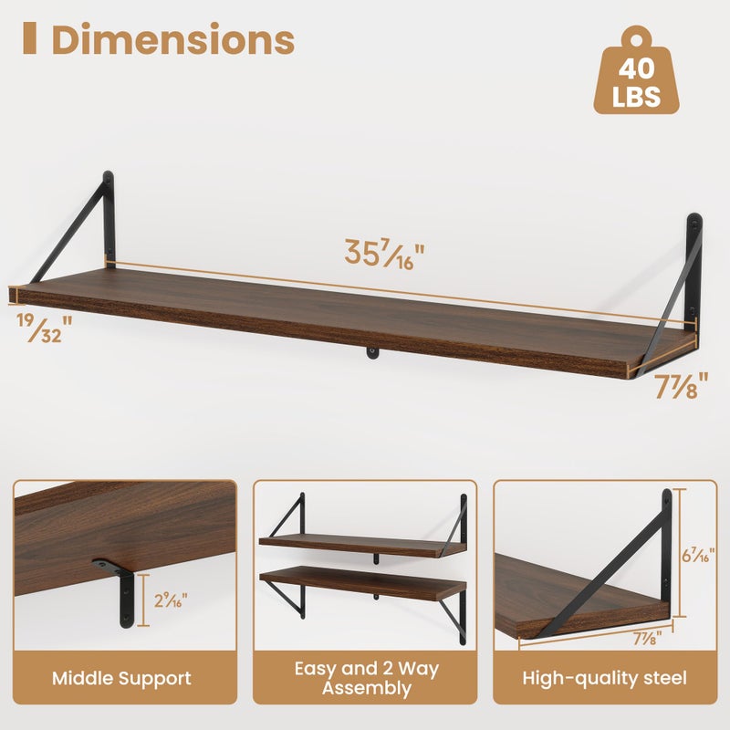 Heimlove Floating Book Shelves for Wall,35.4 Inches Long Wall Mounted Bookshelves,Heavy Duty Bracket Shelves for Living Room Kitchen,Laundry Room Storage & Decor,Set of 3,Walnut - Image 2