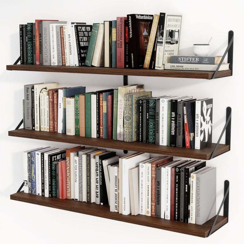 Heimlove Floating Book Shelves for Wall,35.4 Inches Long Wall Mounted Bookshelves,Heavy Duty Bracket Shelves for Living Room Kitchen,Laundry Room Storage & Decor,Set of 3,Walnut - Image 1