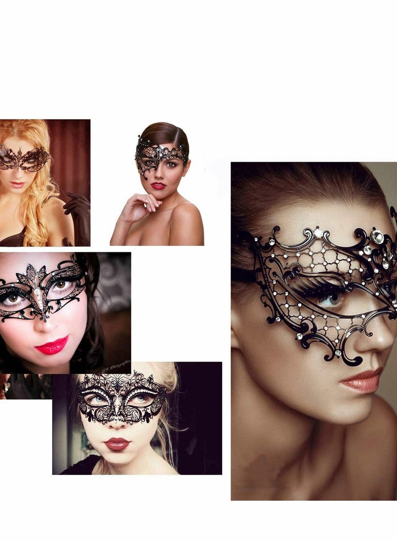 Excefore Masquerade Mask for Women Mardi Gras Deecorations Venetian Masks Metal Shiny Rhinestone Halloween Party Evening Prom Ball Costumes Accessory, Black - Image 3