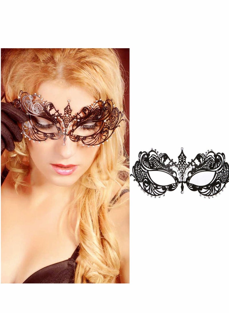 Excefore Masquerade Mask for Women Mardi Gras Deecorations Venetian Masks Metal Shiny Rhinestone Halloween Party Evening Prom Ball Costumes Accessory, Black - Image 1