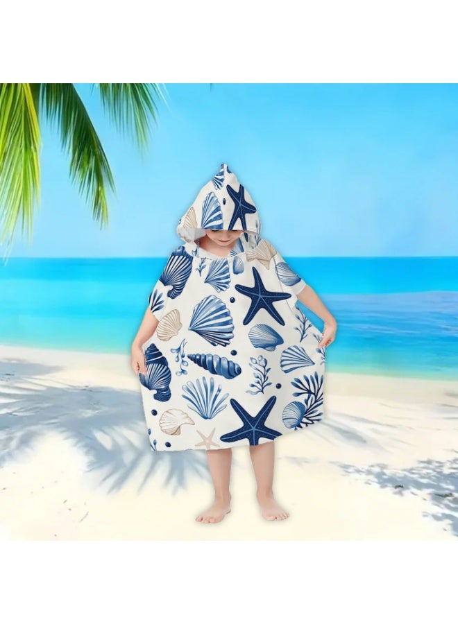 Off White Base Full Printed Blue Starfish Scallop Conch Kids Hooded Quick Dry Poncho Towel, Polyester Soft Water Absorbent Loose Windproof Bath Wrap for Boys Girls, Perfect for Beach, Swimming Pool, Hot Spring & Daily Shower - Image 1