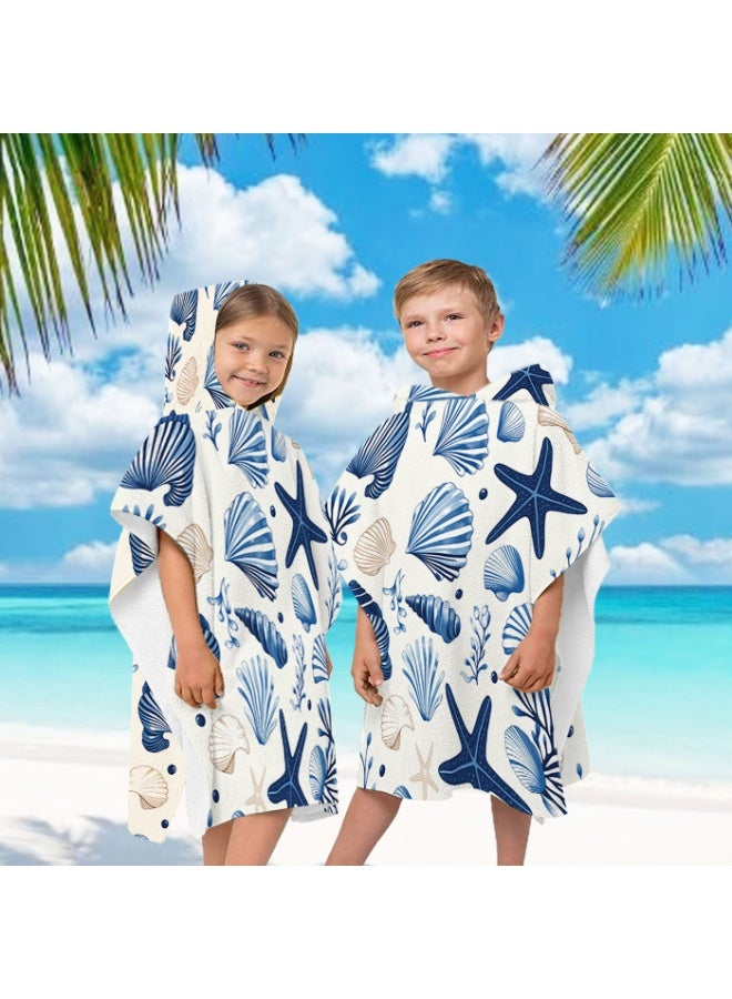 Off White Base Full Printed Blue Starfish Scallop Conch Kids Hooded Quick Dry Poncho Towel, Polyester Soft Water Absorbent Loose Windproof Bath Wrap for Boys Girls, Perfect for Beach, Swimming Pool, Hot Spring & Daily Shower - Image 3