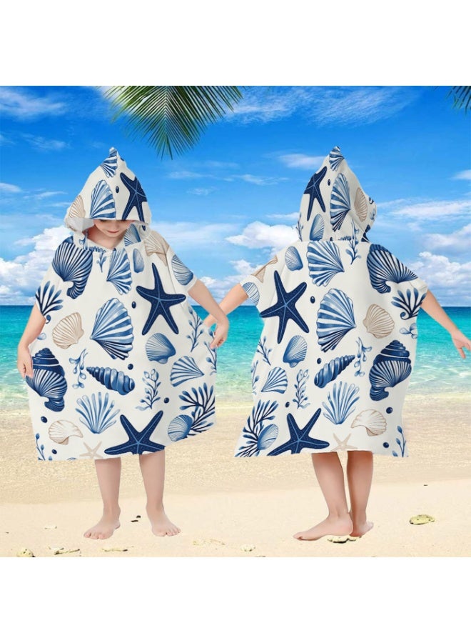 Off White Base Full Printed Blue Starfish Scallop Conch Kids Hooded Quick Dry Poncho Towel, Polyester Soft Water Absorbent Loose Windproof Bath Wrap for Boys Girls, Perfect for Beach, Swimming Pool, Hot Spring & Daily Shower - Image 5